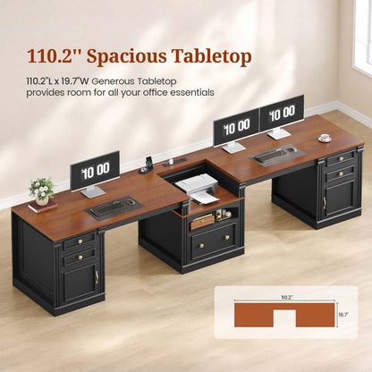 Uposoja 110" Two Person Desk with Drawers Cabinet and Storage Shelves Black Brown