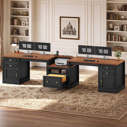 Uposoja 110" Two Person Desk with Drawers Cabinet and Storage Shelves Black Brown