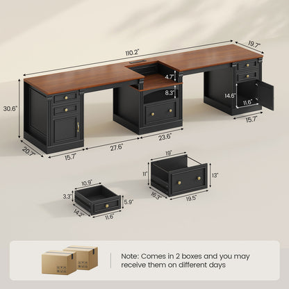 Uposoja 110" Two Person Desk with Drawers Cabinet and Storage Shelves Black Brown