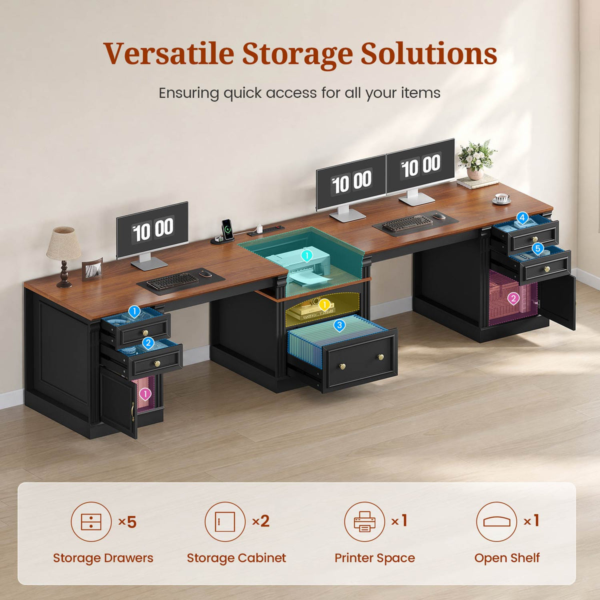 Uposoja 110" Two Person Desk with Drawers Cabinet and Storage Shelves Black Brown