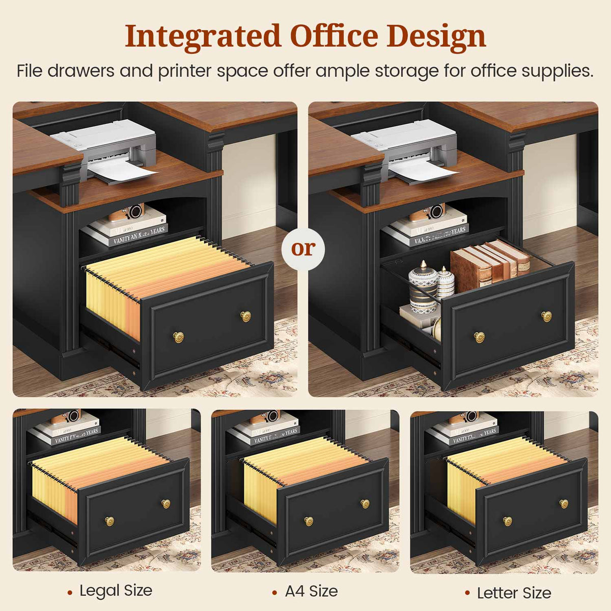 Uposoja 110" Two Person Desk with Drawers Cabinet and Storage Shelves Black Brown