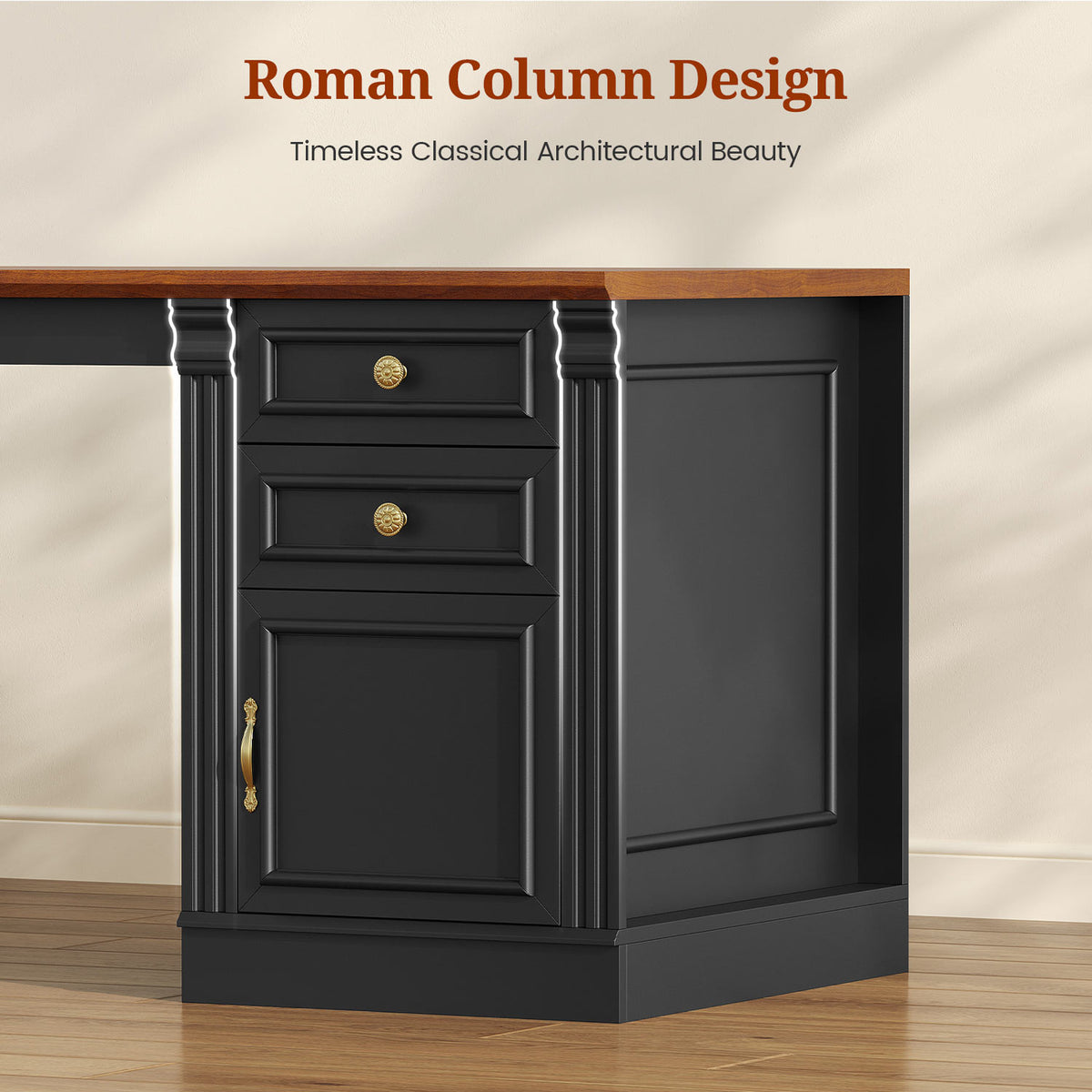 Uposoja 110" Two Person Desk with Drawers Cabinet and Storage Shelves Black Brown