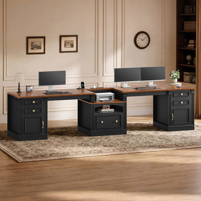 Uposoja 110" Two Person Desk with Drawers Cabinet and Storage Shelves Black Brown