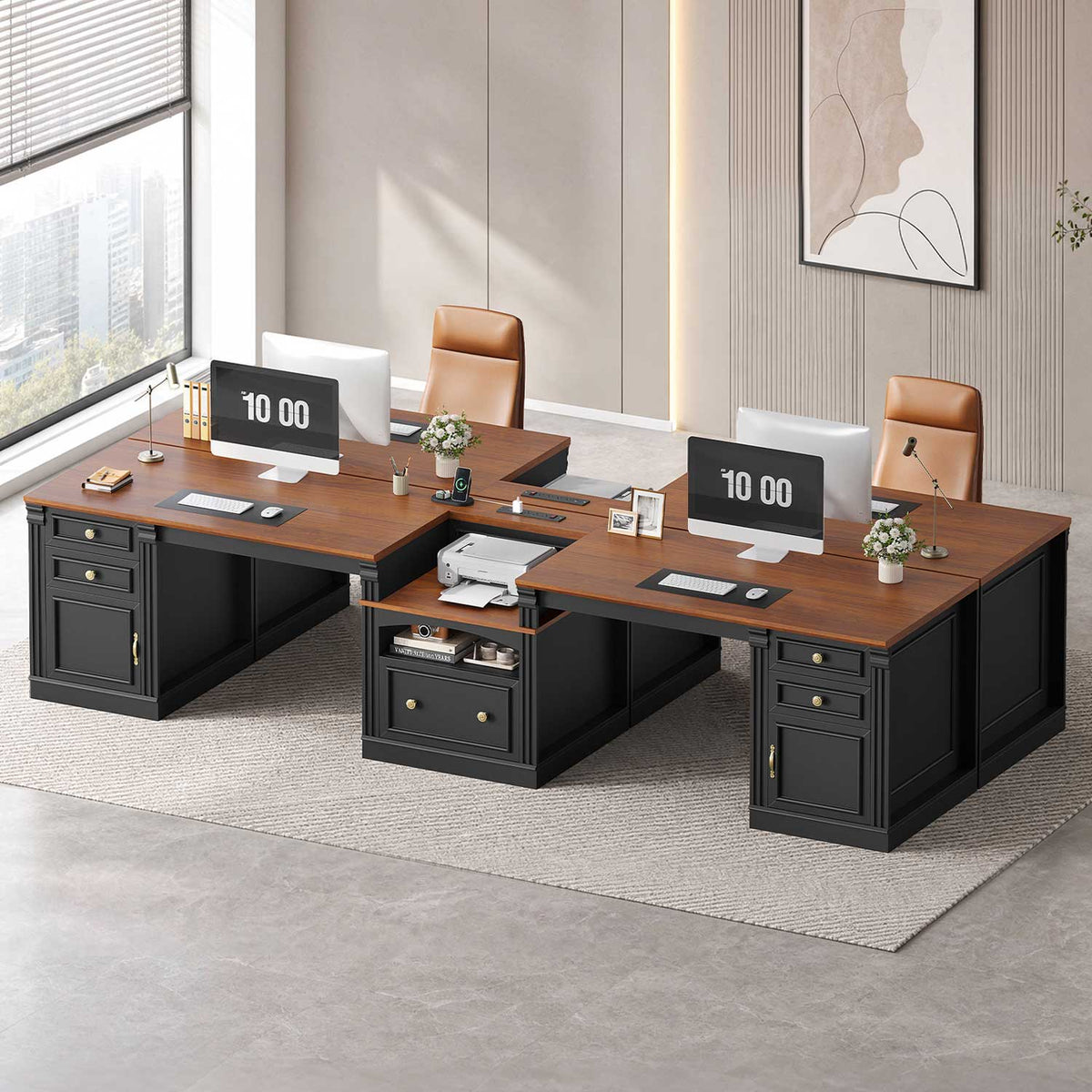 Uposoja 110" Two Person Desk with Drawers Cabinet and Storage Shelves Black Brown