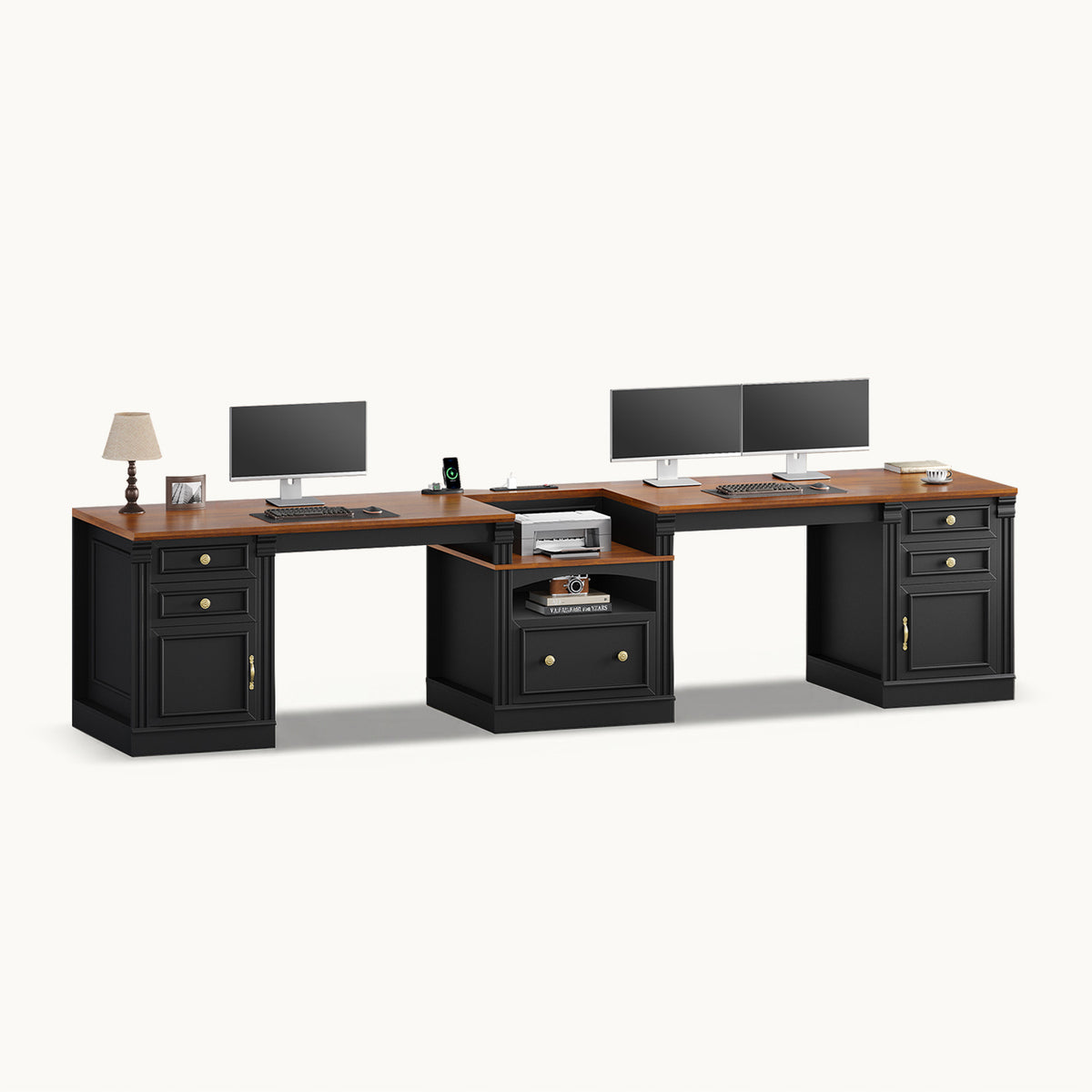 Uposoja 110" Two Person Desk with Drawers Cabinet and Storage Shelves Black Brown