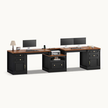Uposoja 110" Two Person Desk with Drawers Cabinet and Storage Shelves Black Brown