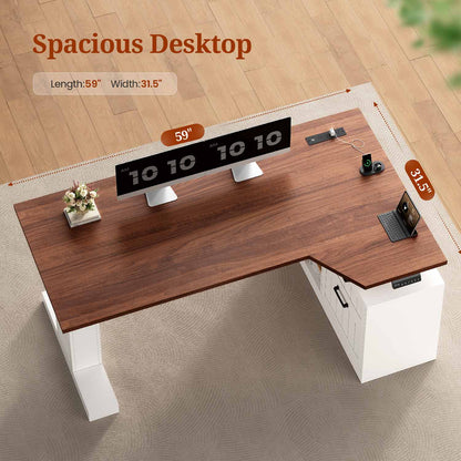 Uposoja L Shaped Electric Standing Desk with Drawers and Storage Shelves White