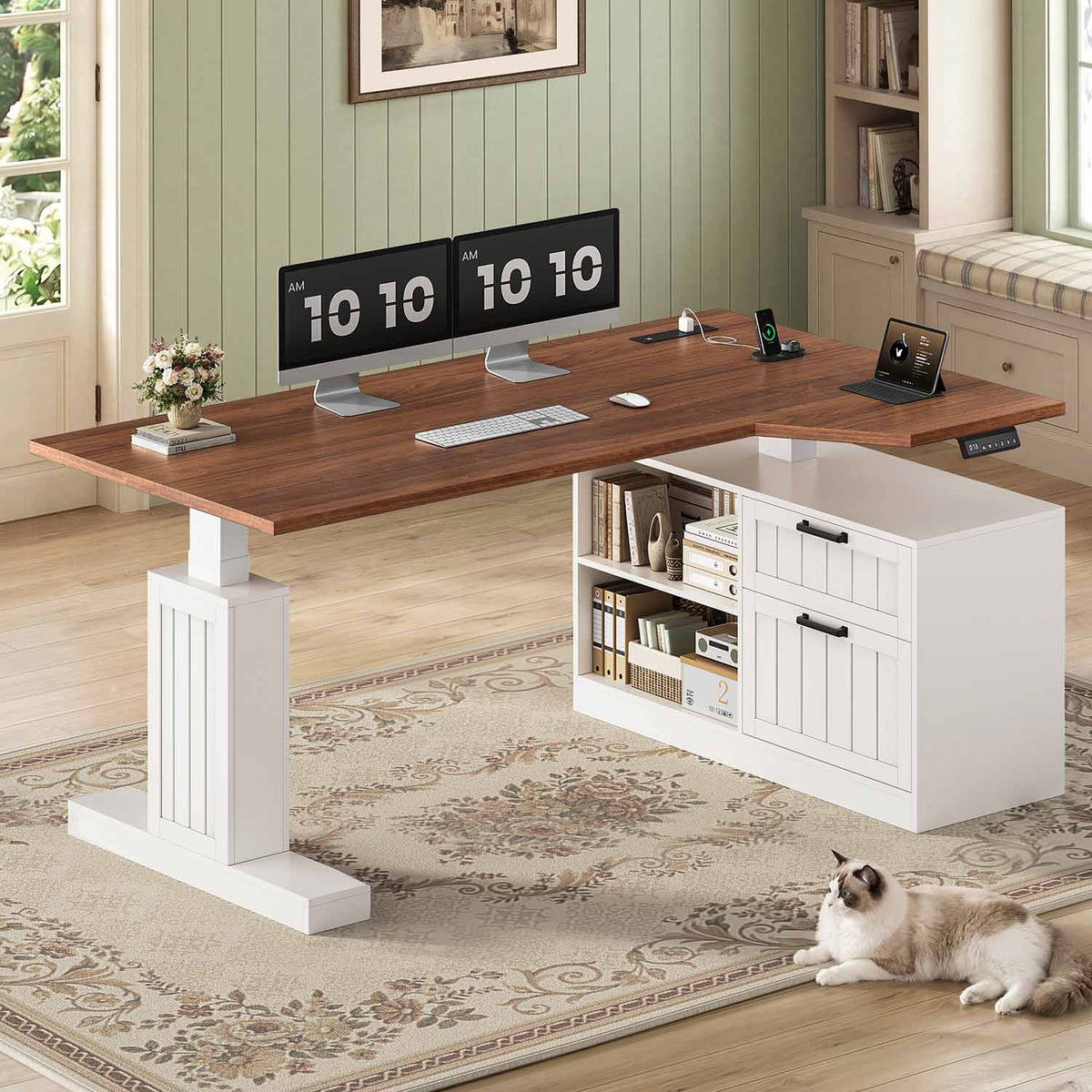Uposoja L Shaped Electric Standing Desk with Drawers and Storage Shelves White