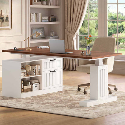 Uposoja L Shaped Electric Standing Desk with Drawers and Storage Shelves White