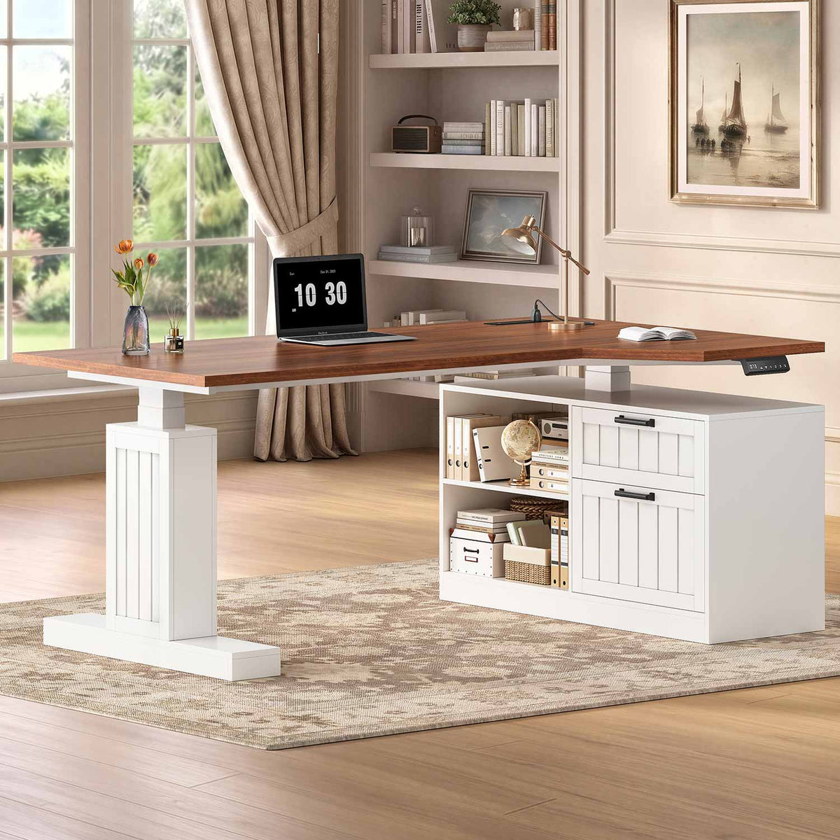 Uposoja L Shaped Electric Standing Desk with Drawers and Storage Shelves White