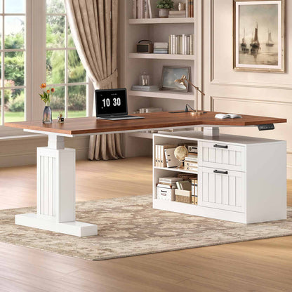 Uposoja L Shaped Electric Standing Desk with Drawers and Storage Shelves White