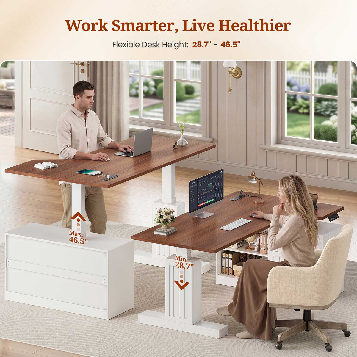 Uposoja L Shaped Electric Standing Desk with Drawers and Storage Shelves White