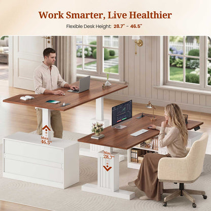 Uposoja L Shaped Electric Standing Desk with Drawers and Storage Shelves White