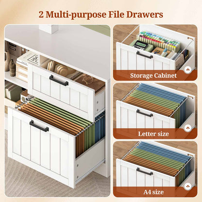 Uposoja L Shaped Electric Standing Desk with Drawers and Storage Shelves White