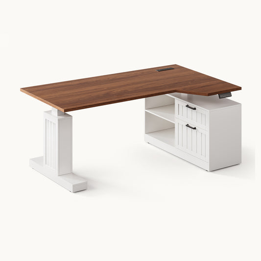 Uposoja L Shaped Electric Standing Desk with Drawers and Storage Shelves White