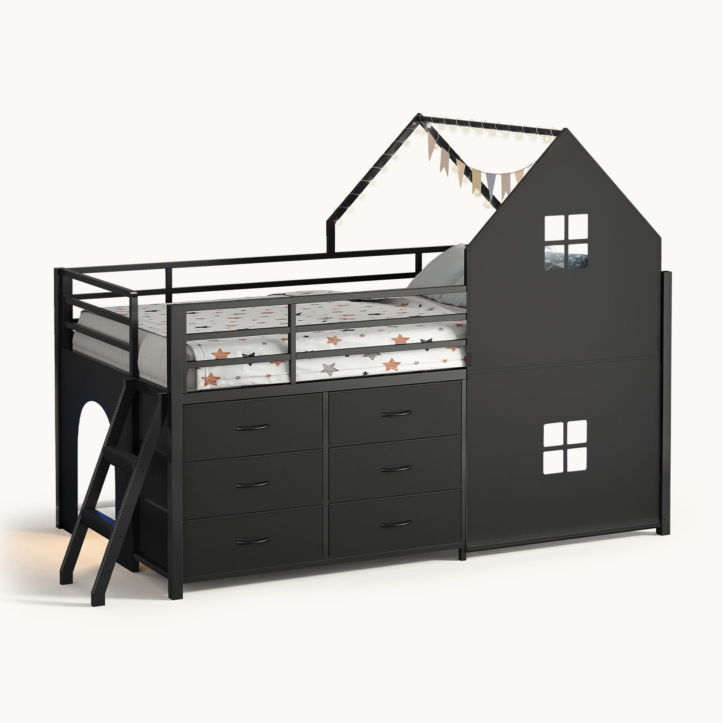 Twin-Low Loft Bed with Guardrail Under-Hide Seek Bed Play Space Black