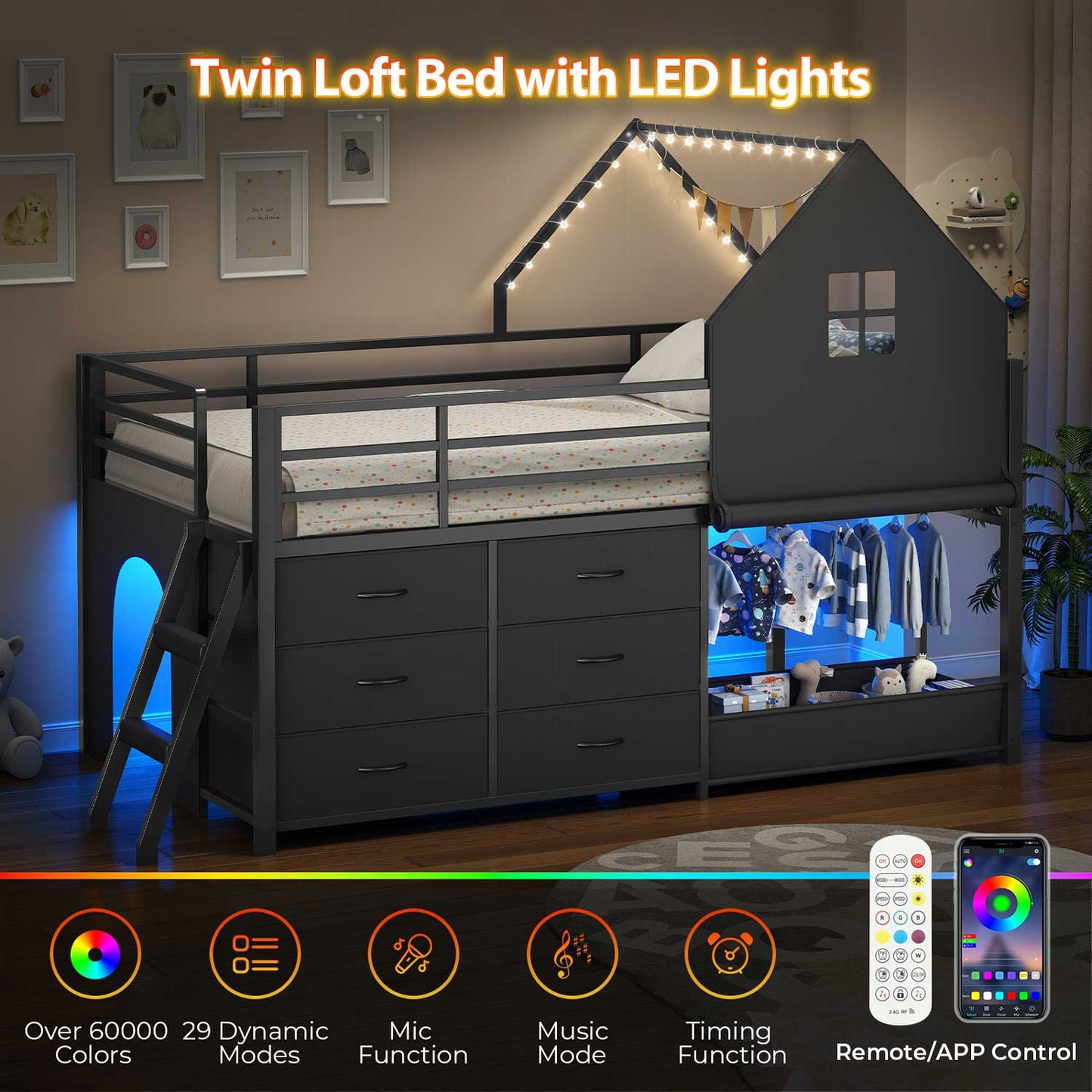 Twin-Low Loft Bed with Guardrail Under-Hide Seek Bed Play Space Black