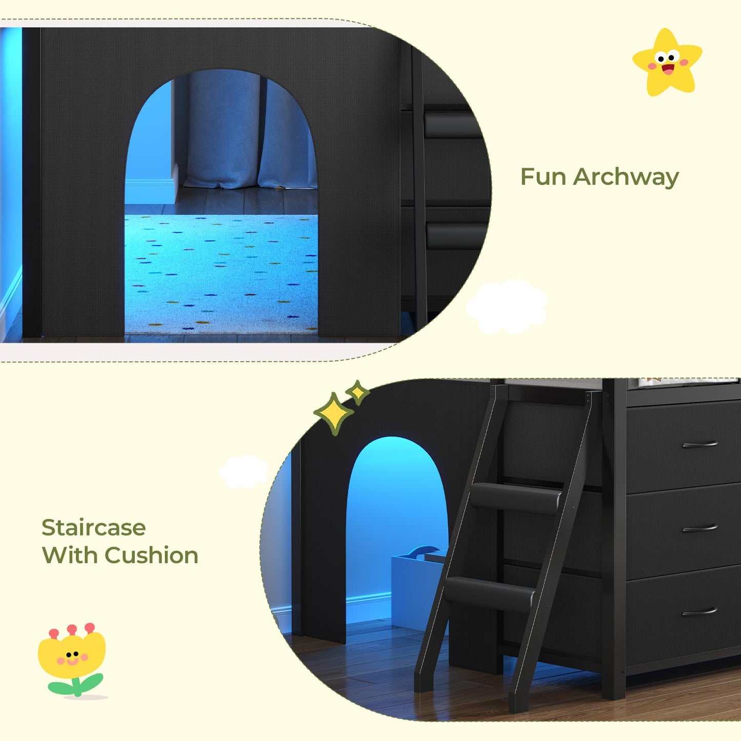 Twin-Low Loft Bed with Guardrail Under-Hide Seek Bed Play Space Black