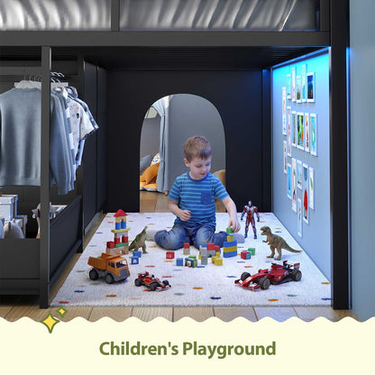 Twin-Low Loft Bed with Guardrail Under-Hide Seek Bed Play Space Black