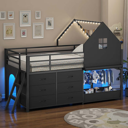 Twin-Low Loft Bed with Guardrail Under-Hide Seek Bed Play Space Black
