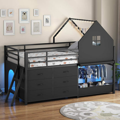 Twin-Low Loft Bed with Guardrail Under-Hide Seek Bed Play Space Black